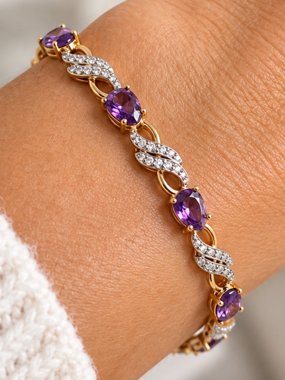 14K Rose Gold Over Sterling Silver Amethyst Sapphire Bracelet 7.5” NWT